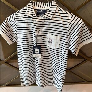 Psycho Bunny Kids Black and White Striped Polo Sz. 10-12 - NWT